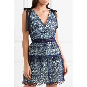 Self Portrait Blue Dress Lace Black Bow Plunge Back 10